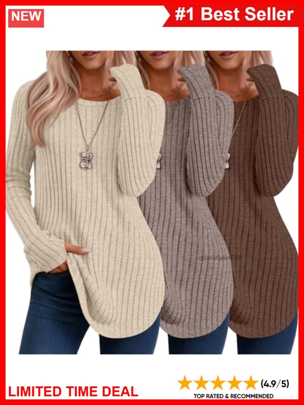 3 Pack Womens Long Sleeve Ribbed Knit Tunic Sweaters Thumb Hole Loose Fit